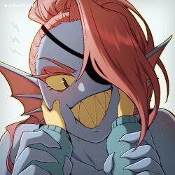  1:1 1girl 1other 2024 2d anthro arm_grab artist_name black_eyepatch black_tank_top blue_skin blue_sweater child closed_mouth colored_sclera colored_skin digital_media duo ear_fins eyelashes eyepatch female fins fish fish_girl forut_dondon frisk_(undertale) hair_over_one_eye hands_on_another's_cheeks head_fins height_difference high_ponytail highres human long_hair looking_at_viewer monster monster_girl other_pov ponytail portrait pov pov_hands red_hair sharp_teeth simple_background size_difference slit_pupils solo_focus sweater tank_top teeth twitter_username undertale undyne utdr_(toby_fox) white_background yellow_sclera yellow_teeth 