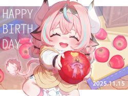  1girl ^_^ aged_down animal_ears apple aqua_streaks blush child closed_eyes commentary cow_ears cow_girl cow_horns cow_tail dated english_commentary food fruit genshin_impact happy_birthday highres holding holding_food holding_fruit horns incoming_gift nemu_o3o open_mouth outstretched_arms pink_hair solo tail teeth twitter_username upper_teeth_only varesa_(genshin_impact) 
