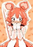  1girl animal_ears blush covering covering_face covering_mouth dress flower harusame_(unmei_no_ikasumi) mouse_ears mouse_tail nazrin red red_dress red_eyes red_hair redhead shocked_eyes short_hair sitting solo tail tail_raised touhou 