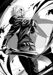  1boy absurdres belt cloak commentary_request dark-skinned_male dark_elf dark_skin dungeon_ni_deai_wo_motomeru_no_wa_machigatteiru_darou_ka elf fingerless_gloves gloves greyscale hair_ornament hegni_ragnar high_contrast highres holding holding_sword holding_weapon long_sleeves looking_at_viewer monochrome nilitsu novel_illustration official_art pants pointy_ears second-party_source shirt short_hair solo sword vambraces weapon 