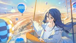  1girl aircraft black_hair blush canyon clouds collarbone commentary copyright_notice day english_commentary fingernails floating_hair grey_eyes grey_jacket guest_art hair_between_eyes highres horizon hoshino_ichika_(project_sekai) hot_air_balloon jacket lens_flare long_fingernails long_hair long_sidelocks looking_at_viewer official_art open_clothes open_jacket open_mouth outdoors pointing project_sekai second-party_source shirt sidelocks sky sleeves_past_wrists smile solo sun sunlight sunrise t-shirt turkey_(country) unzipped upper_body white_shirt wind yenkoes 