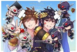  ahoge angel angel_wings anger_vein black_club_(kid_icarus) black_hair bow_(weapon) brown_hair claw_(weapon) closed_eyes club_(weapon) dark_pit dark_pit_staff_(kid_icarus) fighter_(kid_icarus) gradient_background guardian_orbitars_(kid_icarus) helmet highres holding holding_bow_(weapon) holding_weapon kid_icarus kid_icarus_uprising laurel_crown male_focus outline palutena_bow_(kid_icarus) pit_(kid_icarus) red_eyes rei_(teponea121) siblings star_(symbol) tiger_claws_(kid_icarus) twins v viper_blade_(kid_icarus) watermark weapon white_outline wings 