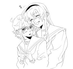  2girls :o blush chinese_commentary commentary glasses greyscale grin hairband hands_up highres hug jiguang_haibao koishikawa_iko long_hair long_sleeves lower_teeth_only momijiyama_teru monochrome multiple_girls sailor_collar scar scar_across_eyebrow scar_on_face semi-rimless_eyewear shy_(series) smile teeth translation_request unfinished yuri 