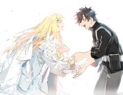  2boys belt belt_pouch bishounen black_eyes black_hair black_jacket blonde_hair cape chaldea_logo commentary eye_contact fate/grand_order fate_(series) feathers from_side fujimaru_ritsuka_(male) fujimaru_ritsuka_(male)_(polar_chaldea_uniform) gloves gold_trim grey_pants hair_between_eyes holding_hands jacket kirschtaria_wodime kneeling long_hair long_sleeves looking_at_another m-tobiei male_focus multiple_boys open_clothes open_jacket open_mouth pants popped_collar pouch profile short_hair simple_background smile suit teeth three-quarter_sleeves unfastened upper_teeth_only white_background white_belt white_cape white_feathers white_gloves white_jacket white_pants white_suit 
