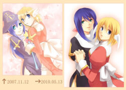  2girls artist_progress back_bow black_dress black_thighhighs blonde_hair blue_eyes blue_hair bow breasts celestial_s closed_mouth commentary_request cowboy_shot dated dress fingernails garter_straps green_eyes hat high_priest_(ragnarok_online) holding_hands interlocked_fingers juliet_sleeves long_hair long_sleeves looking_at_viewer medium_breasts multiple_girls open_mouth priest_(ragnarok_online) puffy_sleeves purple_hat ragnarok_online red_dress sash short_hair smile star_(symbol) thigh-highs two-tone_dress white_bow white_dress white_sash white_thighhighs witch_hat 