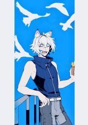  1boy absurdres against_railing ahoge animal_ear_fluff animal_ears bare_shoulders belt bird blue_background blue_jacket cat_boy cat_ears closed_eyes colored_tips commentary_request cowboy_shot crossed_bangs food french_fries grey_pants hair_between_eyes highres holding holding_food jacket male_focus momikichi_619 multicolored_hair open_mouth pants railing seth_lowell short_hair sleeveless sleeveless_jacket solo white_bird white_hair zenless_zone_zero zipper zipper_pull_tab 