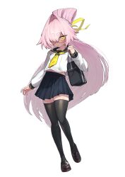 1girl absurdres bag black_thighhighs blush full_body glasses highres loafers long_hair looking_at_viewer original pink_hair rikudo_yayoi sawtatsu school_bag school_uniform serafuku shoes short_eyebrows skirt solo tachi-e thigh-highs very_long_hair yellow_eyes zettai_ryouiki 