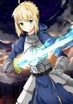  ahoge armor armored_dress blonde_hair dress excalibur fate/zero fate_(series) gauntlets glowing glowing_sword glowing_weapon green_eyes hair_ribbon r_star ribbon saber solo sword weapon 