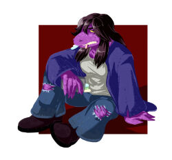  1girl 2018 2d anthro arm_on_knee arm_support blue_pants brown_shoes chalk colored_sclera colored_skin commentary deltarune digital_media english_commentary female female_only full_body highres ifadko jacket knee_up lizard lizard_girl long_hair monster monster_girl object_in_mouth pants purple_hair purple_jacket purple_skin red_background reptile reptile_girl scalie sharp_teeth shirt shoes simple_background sitting slit_pupils solo striped_clothes susie_(deltarune) teeth torn_clothes torn_pants two-tone_background utdr_(toby_fox) white_background white_shirt yellow_sclera yellow_teeth 