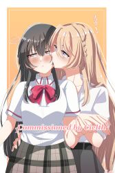  2girls absurdres black_hair blonde_hair blue_eyes blush bow bowtie braid ciel_cl2525 collared_shirt commentary commission grey_skirt hand_on_another's_waist highres holding_hands kiss kissing_cheek koto_satsuki long_hair mixed-language_commentary multiple_girls ouzuka_mai plaid_clothes plaid_skirt pleated_skirt red_bow red_bowtie red_eyes shirt side_braid skirt spoken_blush vgen_commission watashi_ga_koibito_ni_nareru_wake_naijan_murimuri! white_shirt yellow_background yuri 