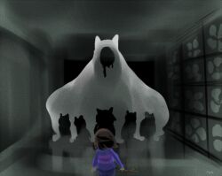  1other 2016 2d ambiguous_gender artist_name back brown_hair child dark dark_room digital_media dog double_horizontal_stripe endogeny frisk_(undertale) hallway holding holding_stick horizontal-striped_clothes human in-universe_location indoors monster pink_stripes powaro02 purple_shirt purple_shorts shirt short_hair shorts size_difference spoilers stick striped_clothes striped_shirt two-tone_shirt undertale utdr_(toby_fox) 