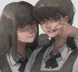  2girls aegyo_sal animal_on_shoulder bird bird_on_shoulder black_hair braid brown_eyes chainsaw_man chromatic_aberration commentary_request cross_scar fourth_east_high_school_uniform highres long_hair low_twin_braids mitaka_asa mouth_pull multiple_girls orange_eyes ringed_eyes scar scar_on_cheek scar_on_face scar_on_nose school_uniform smile sweatdrop twin_braids twitter_username uu0000322 war_devil_(chainsaw_man) yoru_(chainsaw_man) 