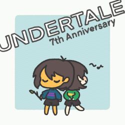  2021 2d 2others ambiguous_gender anniversary arms_behind_back back-to-back black_pants blue_background blue_shirt boots border brown_boots brown_hair brown_shorts chara_(undertale) chibi chibi_only child copyright_name digital_media double_horizontal_stripe duo english_text forut_dondon frisk_(undertale) full_body green_shirt highres holding holding_stick horizontal-striped_clothes human multiple_others musical_note no_mouth other_focus pants pink_stripes shirt short_hair shorts simple_background single_horizontal_stripe standing stick striped_clothes striped_shirt text two-tone_shirt u_u undertale utdr_(toby_fox) white_background white_border yellow_stripes 