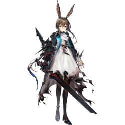  1girl amiya_(arknights) amiya_(guard)_(arknights) amiya_(medic)_(arknights) arknights blue_eyes brown_hair closed_mouth dress full_body fusion jewelry mag_(mag42) multiple_rings official_alternate_costume official_art ring simple_background solo split_mouth standing tachi-e third-party_source transparent_background white_dress 