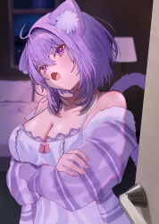  1girl absurdres ahoge animal_ear_fluff animal_ears blush breasts cat_ears cat_girl cat_tail gong_xu_yamii highres hololive large_breasts looking_at_viewer negligee nekomata_okayu open_mouth purple_hair purple_tail shirt short_hair smile solo tail violet_eyes virtual_youtuber 