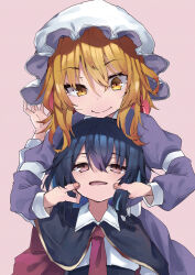  2girls absurdres age_difference aged_down black_cape black_hair black_skirt blonde_hair bow cape cheek_pinching collar dress fang hair_between_eyes happy hat highres long_dress looking_down looking_up maribel_hearn mob_cap multiple_girls muraryo necktie no_headwear pinching purple_dress red_eyes sash shirt short_hair simple_background skirt sleeve_cuffs smile touhou usami_renko white_bow white_collar white_hat white_sash white_shirt yellow_eyes 