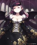  breasts cleavage copyright_notice copyright_request demon_girl demon_wings horns large_breasts lena_(zoal) long_hair nightmare_(shingeki_no_bahamut) official_art pink_eyes pointy_ears purple_hair shingeki_no_bahamut smile solo watermark wings 