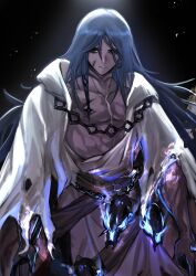  1boy absurdres azrael_(grand_assassin)_(fate) bags_under_eyes black_background black_eyes blue_fire blue_hair colored_skin dark-skinned_male dark_skin fate/grand_order fate_(series) fire grey_skin hair_between_eyes hair_ornament highres iamainwork long_hair looking_at_viewer male_focus pectorals robe scar scar_on_cheek scar_on_chest scar_on_face scar_on_neck skull solo torn_clothes torn_robe upper_body white_robe 