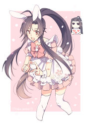  2boys ahoge alternate_costume animal_ears apron black_hair blush bow bowtie brown_eyes chibi chibi_inset crossdressing crossdressing_(mtf) dress fake_animal_ears falling_petals fduki_maro floral_print frilled_apron frilled_dress frills headband heart heart_hands highres holding holding_paper implied_yaoi lan_wangji long_hair looking_at_viewer maid maid_apron male_focus modao_zushi multiple_boys open_mouth paper petals pink_background pink_bow pink_bowtie pink_dress ponytail rabbit_ears rabbit_tail short_sleeves sidelocks smile tail thigh-highs topknot trap twitter_username very_long_hair wei_wuxian white_apron white_headband white_thighhighs wrist_cuffs zettai_ryouiki 