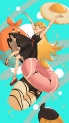  1girl absurdres armpits arms_up bare_shoulders black_dress blonde_hair blue_background commentary doughnut dress fangs food food_request highres hjunwww long_hair monogatari_(series) oshino_shinobu parted_lips pointy_ears red_ribbon ribbon sleeveless sleeveless_dress solo symbol-only_commentary very_long_hair waist_ribbon yellow_eyes 