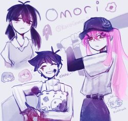  3boys 3girls alternate_costume alternate_eye_color alternate_hair_color alternate_hairstyle antenna_hair artist_name aubrey_(faraway)_(omori) aubrey_(omori) baseball_bat basil_(faraway)_(omori) basil_(omori) black_eyes black_hair black_hat black_sweater_vest blush chibi closed_mouth collared_shirt copyright_name cosplay double-parted_bangs english_commentary flower genderswap genderswap_(mtf) grin hair_between_eyes hair_flower hair_ornament hairclip hat hero_(faraway)_(omori) hero_(omori) highres holding holding_baseball_bat kel_(faraway)_(omori) kel_(omori) korogunso8 long_hair long_sleeves looking_at_viewer low_twintails mari_(faraway)_(omori) mari_(omori) medium_hair multiple_boys multiple_girls off_(game) omori open_mouth pink_hair ponytail shirt short_hair short_sleeves sidelocks smile something_(omori) sunny_(omori) sweater_vest teeth the_batter_(off) the_batter_(off)_(cosplay) twintails twitter_username white_shirt 