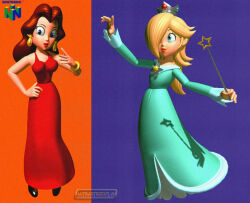 2girls 3d 90s aliasing aqua_dress artist_name bare_shoulders blonde_hair blue_eyes breasts brooch brown_hair commentary crown donkey_kong_(series) dress earrings english_commentary full_body gold_earrings grey_crown hair_over_one_eye hand_on_own_hip holding holding_wand jewelry multiple_girls nintendo nintendo_64 off-shoulder_dress off_shoulder pauline_(mario) red_dress retro_artstyle rosalina silver_crown star_(symbol) star_brooch star_wand super_mario_bros. taut_clothes taut_dress wand yinyanggio14