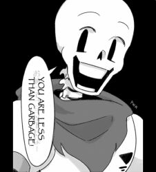  1boy 2016 2d alternate_language armor artist_name bilingual_text black_background cape digital_media english_text hollow_eyes humanoid insult male male_focus male_only mixed-language_text monochrome monster monster_boy open_mouth papyrus_(font) papyrus_(undertale) portrait powaro02 simple_background skeleton solo speech_bubble teeth text undead undertale utdr_(toby_fox) variant_set 