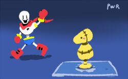 1boy 1other 2016 2d armor artist_name blue_background blue_shorts blush_stickers boots cape digital_media dummy gloves gradient_background hand_up humanoid mad_dummy_(undertale) male mat monster monster_boy no_lineart open_mouth papyrus_(undertale) powaro02 red_boots red_cape red_gloves shadow shorts simple_background skeleton teeth undead undertale utdr_(toby_fox) walking white_armor |_| 