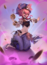  absurdres ahoge arabian_clothes crop_top dori_(genshin_impact) genshin_impact hair_between_eyes hair_ornament hat highres jewelry jinni_(genshin_impact) kaze_(kazelina) long_sleeves looking_over_eyewear mora_(genshin_impact) navel open_mouth pants pink_hair purple_hat red-tinted_eyewear short_hair smile tinted_eyewear yellow_eyes 