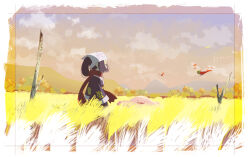  1girl akari_(pokemon) black_hair border bug chansey flying galaxy_expedition_team_survey_corps_uniform grass grey_eyes grey_sky headscarf isutai long_hair looking_at_another looking_at_viewer outdoors pokemon pokemon_(creature) pokemon_legends:_arceus ponytail red_scarf scarf sidelocks sky standing tall_grass upper_body white_border white_headscarf yanma 