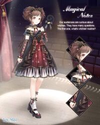  1girl animal_ear_hairband animal_ears ankle_bow ankle_socks argyle_clothes argyle_dress artist_request bare_shoulders bell black_arm_warmers black_bow black_dress black_hairband black_shoes blunt_bangs bow bow_choker bow_legwear brooch brown_eyes brown_hair cat_ear_hairband cat_ears character_name choker close-up closed_mouth copyright_logo crescent_print curtains dot_nose double_bun dress english_text eyelashes fake_animal_ears footwear_bell footwear_bow frilled_arm_warmers frilled_choker frilled_dress frilled_hairband frilled_sleeves frilled_socks frills full_body gold_buckle hair_bun hairband happy high_heels holding holding_staff indoors jewelry layered_dress light_blush light_particles logo lolita_hairband magical_notes_(miracle_nikki) mary_janes medium_dress miracle_nikki musical_note musical_note_brooch musical_note_print neck_bell nikki_(series) off-shoulder_dress off_shoulder official_art print_bow print_dress pumps red_bow red_choker red_dress shoes short_hair short_sleeves sidelocks smile socks solo spotlight staff stage standing star_(symbol) star_print striped_bow striped_sleeves tareme theater theater_seating third-party_source treble_clef wavy_hair white_socks wrist_belt wrist_bow 