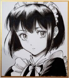  1girl closed_mouth commentary_request double-parted_bangs expressionless eyelashes greyscale looking_at_viewer maid maid_headdress makomako1061 monochrome original photo_(medium) portrait shikishi short_hair sidelocks solo traditional_media 