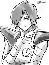  1boy 2016 2d android artist_name black_hair digital_media gloves hair_over_one_eye humanoid humanoid_robot index_finger_raised looking_at_viewer male male_focus male_only mettaton mettaton_ex monochrome pauldrons powaro02 robot robot_boy short_hair simple_background smile solo split_mouth twitter_username undertale upper_body utdr_(toby_fox) white_background 