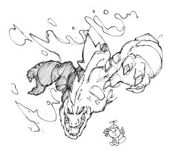  :d claws commentary english_commentary feraligatr greyscale hatching_(texture) highres looking_at_another monochrome no_humans open_mouth pokemon pokemon_(creature) pokemon_focus pr_quote propeller_hat sharp_teeth sketch smile teeth white_background wooper 