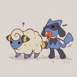 ? advos artist_name black_fur blue_fur chibi grey_background mareep no_humans pokemon pokemon_(creature) riolu simple_background sound_effects tail two-tone_fur wool 
