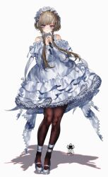  1girl alternate_costume bare_shoulders black_pantyhose blue_eyes brown_hair dress floating_hair full_body genshin_impact hands_up highres long_sleeves looking_at_viewer pantyhose sandrone_(genshin_impact) shadow shoes short_hair_with_long_locks simple_background solo standing utsuhostoria white_background white_dress white_headdress white_shoes 