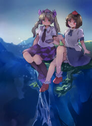  2girls black_skirt brown_eyes brown_hair checkered_clothes checkered_skirt cliff cup frilled_socks frills full_body geta grass hat highres himekaidou_hatate kneehighs long_hair multiple_girls outdoors puffy_short_sleeves puffy_sleeves red_eyes sakazuki shameimaru_aya shirt short_hair short_sleeves shukinuko sitting skirt socks tokin_hat touhou twintails white_shirt 