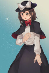  black_capelet black_skirt blue_background bow bowtie brown_eyes brown_hair capelet dr.latency&#039;s_freak_report feet_out_of_frame highres shirt short_hair shukinuko skirt solo touhou upper_body usami_renko white_shirt 