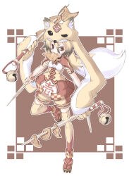  1girl aburaage animal_hat armlet bell blonde_hair breasts brown_eyes brown_hair brown_sandals dress eating extra_arms food food_in_mouth fox_girl fox_hat full_body gold_armlet gradient_hair hat holding holding_skewer jewelry jingle_bell medium_breasts mouth_hold multicolored_hair original red_dress sandals short_hair shorts shorts_under_dress skewer solo standing standing_on_one_leg thigh-highs two-tone_hair yellow_shorts yellow_thighhighs yuki_dango 