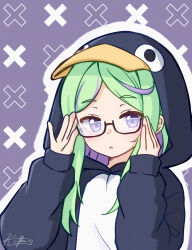  1girl :&lt; absurdres adjusting_eyewear animal_costume cross_background english_commentary glasses green_hair hands_up highres kafka963 linux long_hair long_sleeves looking_at_viewer original outline penguin_costume purple_background semi-rimless_eyewear solo upper_body violet_eyes white_outline 