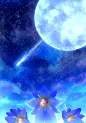  colored_skin full_moon gem highres mega_pokemon mega_starmie moon natu_a0z0ra night night_sky no_eyes no_humans outdoors pokemon pokemon_(creature) pokemon_focus pokemon_legends:_z-a purple_skin red_gemstone shooting_star sky star_(symbol) starfish starmie 