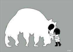  1other 2016 2d ambiguous_gender artist_name child digital_media dog double_horizontal_stripe endogeny frisk_(undertale) grey_background horizontal-striped_clothes human monochrome monster powaro02 shirt short_hair shorts simple_background size_difference striped_clothes striped_shirt undertale utdr_(toby_fox) 