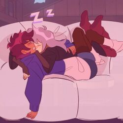  2girls amity_blight black_pantyhose black_shirt closed_eyes commentary couch cuddling earrings highres hood hoodie jewelry long_hair long_sleeves luz_noceda multiple_girls on_couch open_mouth pantyhose purple_hair purple_hoodie shirt short_hair sleeping socks stud_earrings symbol-only_commentary the_owl_house thelavandercat white_socks yuri zzz 