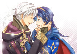  1boy 1girl armor black_cloak blue_cape blue_eyes blue_hair cape cloak closed_eyes commentary_request fire_emblem fire_emblem_awakening from_side hand_on_another&#039;s_face long_hair long_sleeves looking_at_another lucina_(fire_emblem) male_robin_(fire_emblem) open_mouth pauldrons profile red_cape sawako68 short_hair shoulder_armor smile tiara two-tone_cape white_hair 