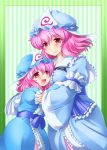  age_difference child dual_persona hat mother_and_daughter multiple_girls open_mouth pink_hair red_eyes saigyouji_yuyuko shin&#039;en_(gyokuro_company) shin'en_(gyokuro_company) short_hair striped striped_background touhou triangular_headpiece vertical_stripes 