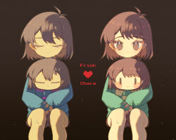  2022 2d 2others =_= ambiguous_gender black_background blue_sweater brown_eyes brown_hair brown_shorts chara_(undertale) character_doll digital_media doll duo eyelashes forut_dondon frisk_(undertale) green_sweater highres holding holding_doll horizontal-striped_clothes human invisible_chair multiple_others other_focus pink_stripes short_hair shorts simple_background sitting striped_clothes striped_shirt striped_sweater sweater two-tone_sweater undertale utdr_(toby_fox) yellow_stripes |_| 