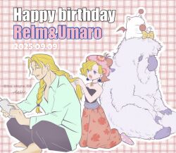  1boy 1girl :o bare_shoulders barefoot beret black_pants black_shirt blonde_hair blue_skin book braid braiding_another's_hair braiding_hair character_name choker closed_eyes collared_shirt colored_skin dated earrings edgar_roni_figaro final_fantasy final_fantasy_vi floral_print_pants green_shirt hairdressing happy_birthday hat holding holding_book ika_okura_66 indian_style jewelry kneeling long_hair long_sleeves mog moogle open_book open_mouth pants pink_hat print_socks purple_sash purple_socks red_pants relm_arrowny sash shirt short_hair single_braid sitting smile socks strapless strapless_shirt sweatdrop twitter_username umaro violet_eyes waist_sash white_fur 