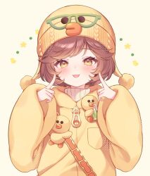  1girl :p beanie bird bob_cut brown_hair commentary_request duck hand_up hat highres identity_v jacket knit_hat line_friends long_sleeves looking_at_viewer parted_bangs pointing pointing_at_self pom_pom_(clothes) pom_pom_beanie pomilkoic puffy_sleeves short_hair simple_background solo strap tongue tongue_out tracy_reznik tracy_reznik_(sally) upper_body yellow_eyes yellow_jacket zipper_pull_tab 