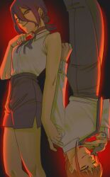  2girls black_choker black_pants black_ribbon chainsaw_man choker collared_shirt drugsandsocks green_eyes hair_between_eyes hair_bun highres long_sleeves makima_(chainsaw_man) mouse_(animal) multiple_girls neck_ribbon pants purple_hair purple_shorts red_hair reze_(chainsaw_man) ribbon shirt shirt_tucked_in shorts sleeveless sleeveless_shirt white_shirt yellow_eyes 