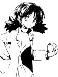  artist_request crystal_(pokemon) earrings greyscale highres holding holding_poke_ball jewelry labcoat looking_at_viewer monochrome poke_ball pokemon pokemon_special simple_background smile solo twintails 